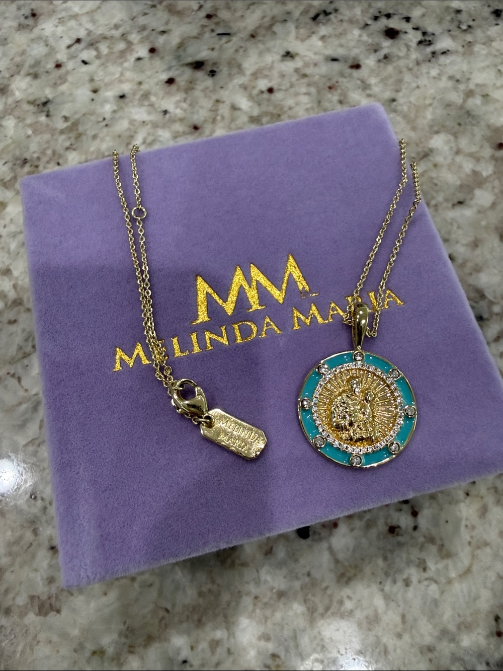 Melinda Maria Gold Mother/Child Pendant Necklace with Turquoise Enamel